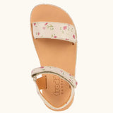 Froddo barefoot kids natural leather sandal in pink with flowers. Showing both straps fastened and insole detail