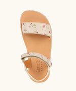 Froddo barefoot kids natural leather sandal in pink with flowers. Showing both straps fastened and insole detail