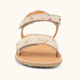 Front of Froddo barefoot kids natural leather sandal in pink with flowers. Showing both straps fastened and rubber sole