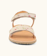 Front of Froddo barefoot kids natural leather sandal in pink with flowers. Showing both straps fastened and rubber sole