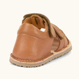 Froddo barefoot natural leather kids flexy sandals in tan brown showing back panel and padded ankle support