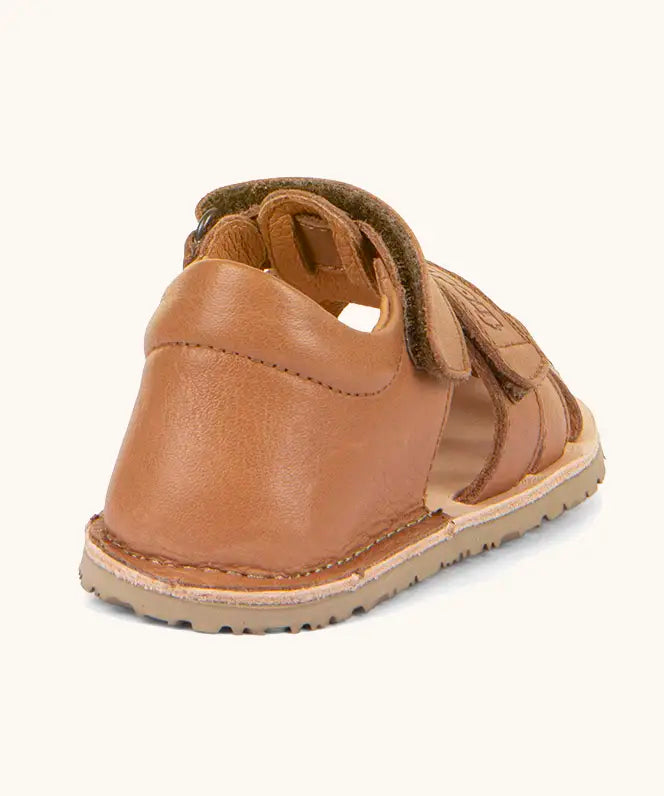 Froddo barefoot natural leather kids flexy sandals in tan brown showing back panel and padded ankle support