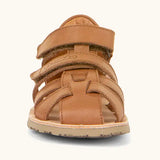 Front of Froddo barefoot kids flexy sandals in tan brown showing the 2 velcro straps and rubber sole