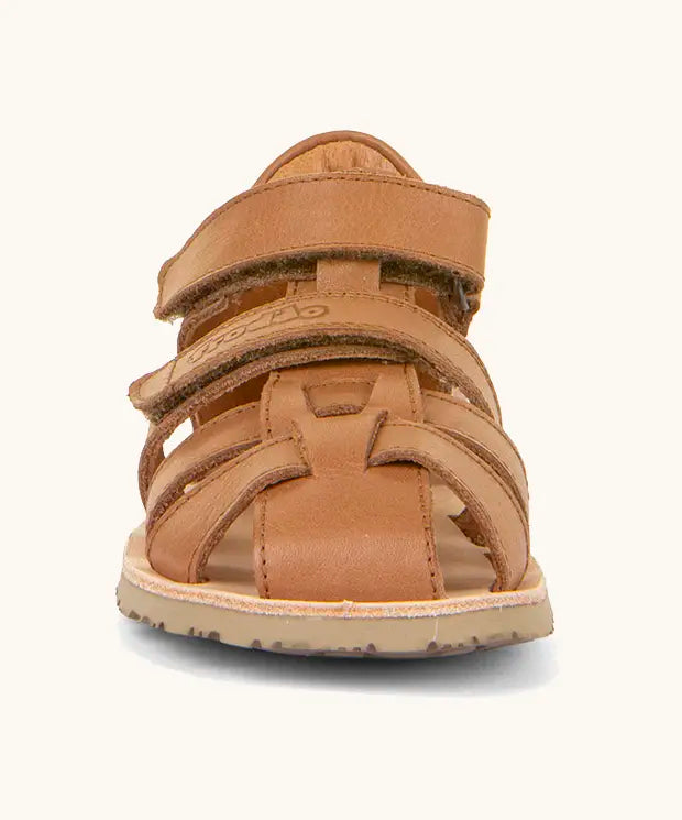 Front of Froddo barefoot kids flexy sandals in tan brown showing the 2 velcro straps and rubber sole