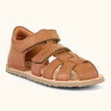 Froddo barefoot natural leather kids flexy sandals in tan with 2 front velcro straps, padded ankle support and back panel
