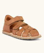 Froddo barefoot natural leather kids flexy sandals in tan with 2 front velcro straps, padded ankle support and back panel