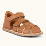 Froddo barefoot natural leather kids flexy sandals in tan with 2 front velcro straps, padded ankle support and back panel