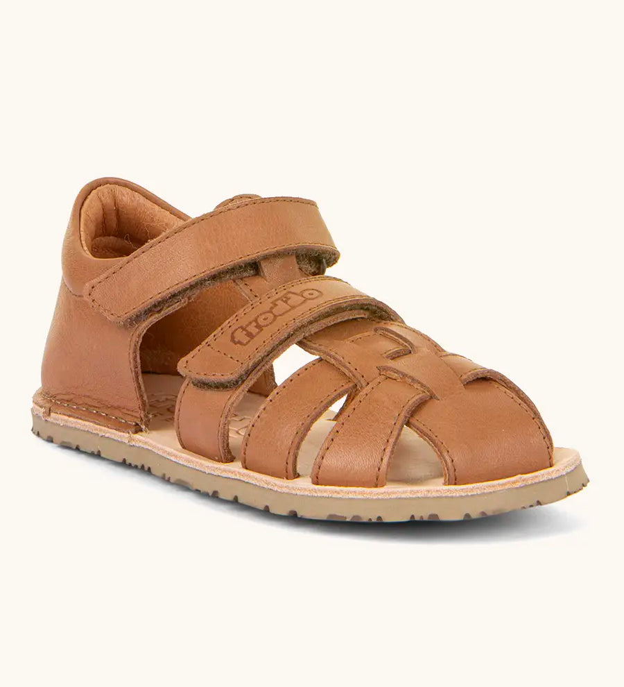 Froddo barefoot natural leather kids flexy sandals in tan with 2 front velcro straps, padded ankle support and back panel