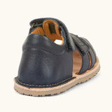 Froddo barefoot natural leather kids flexy sandal in dark blue showing back panel and padded ankle support