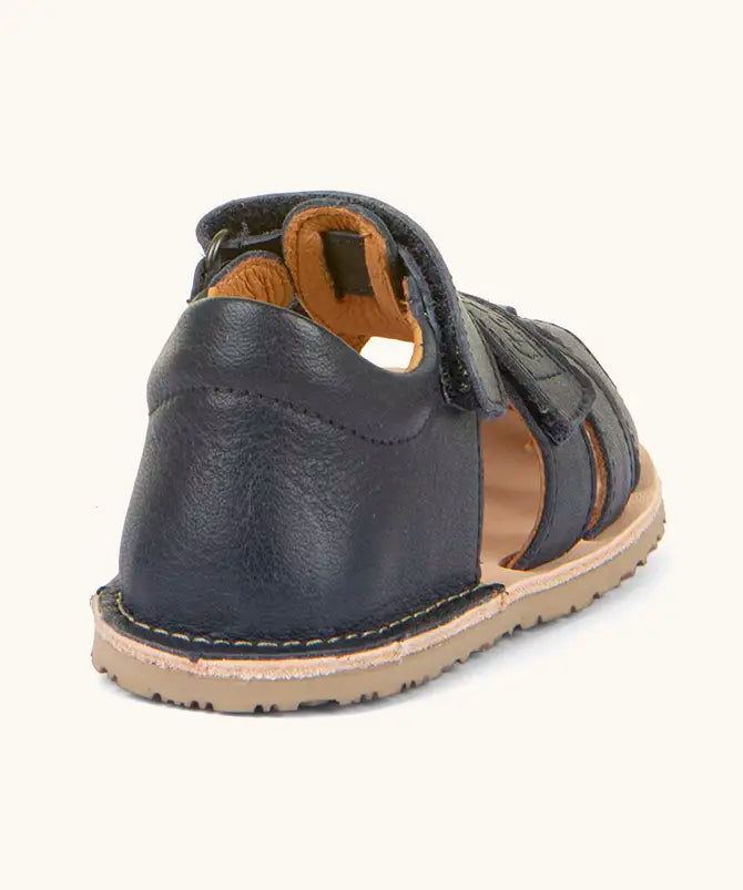 Froddo barefoot natural leather kids flexy sandal in dark blue showing back panel and padded ankle support