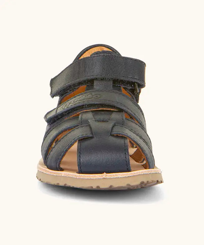 Front of Froddo barefoot kids flexy sandal in dark blue showing the 2 velcro straps and rubber sole