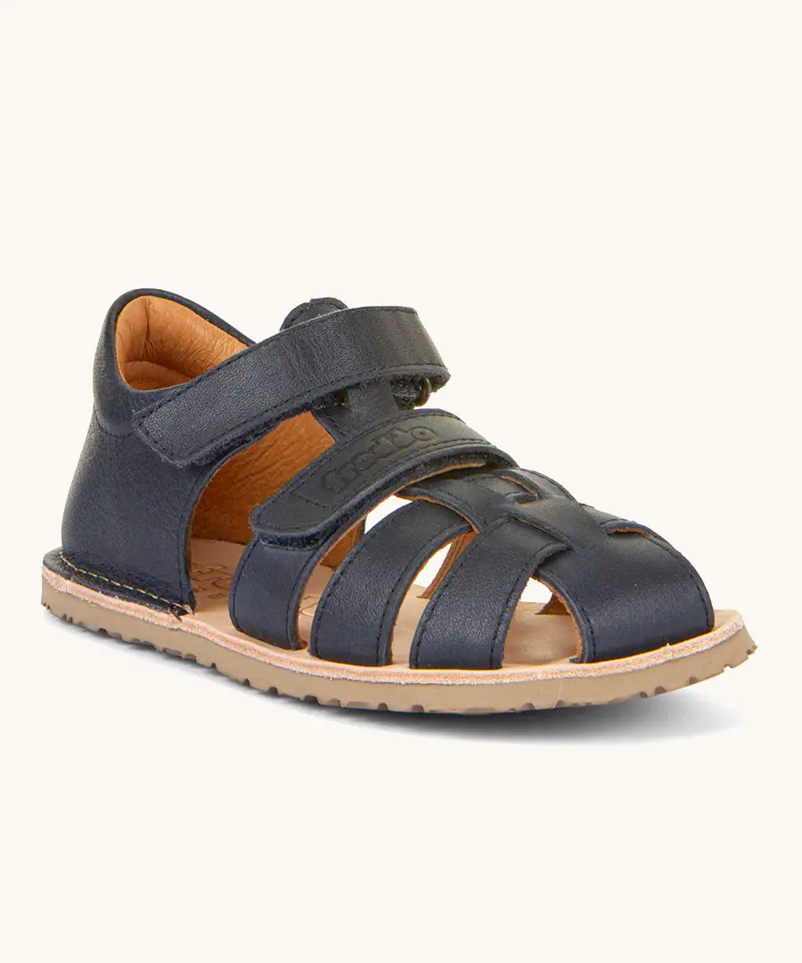 Froddo barefoot natural leather kids flexy sandals in dark blue with 2 front velcro straps, padded ankle support and back panel