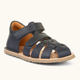 Froddo barefoot natural leather kids flexy sandals in dark blue with 2 front velcro straps, padded ankle support and back panel