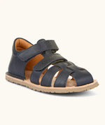 Froddo barefoot natural leather kids flexy sandals in dark blue with 2 front velcro straps, padded ankle support and back panel