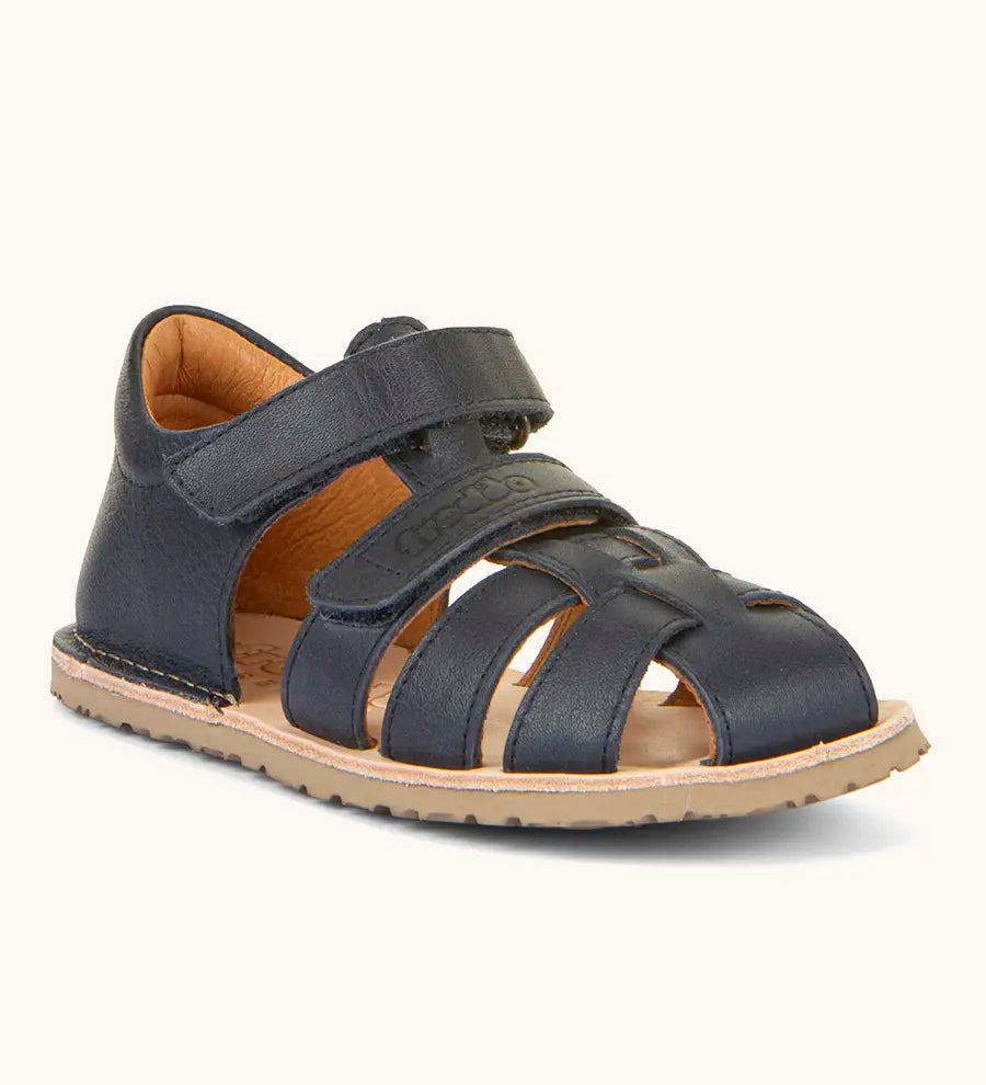 Froddo barefoot natural leather kids flexy sandals in dark blue with 2 front velcro straps, padded ankle support and back panel