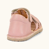 Froddo barefoot natural leather kids flexy sandals in pink showing the back panel and padded ankle support