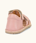 Froddo barefoot natural leather kids flexy sandals in pink showing the back panel and padded ankle support