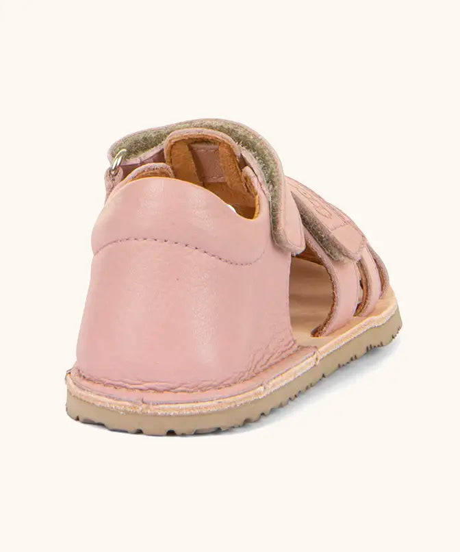 Froddo barefoot natural leather kids flexy sandals in pink showing the back panel and padded ankle support