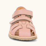 Front of Froddo barefoot kids flexy sandal in pink showing the 2 velcro straps and rubber sole