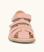 Front of Froddo barefoot kids flexy sandal in pink showing the 2 velcro straps and rubber sole