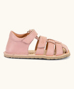 Side of Froddo barefoot natural leather kids flexy sandal in pink showing the padded ankle support and back panel