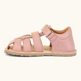 Froddo barefoot natural leather kids flexy sandals in pink showing a velcro strap looped through the eyelet