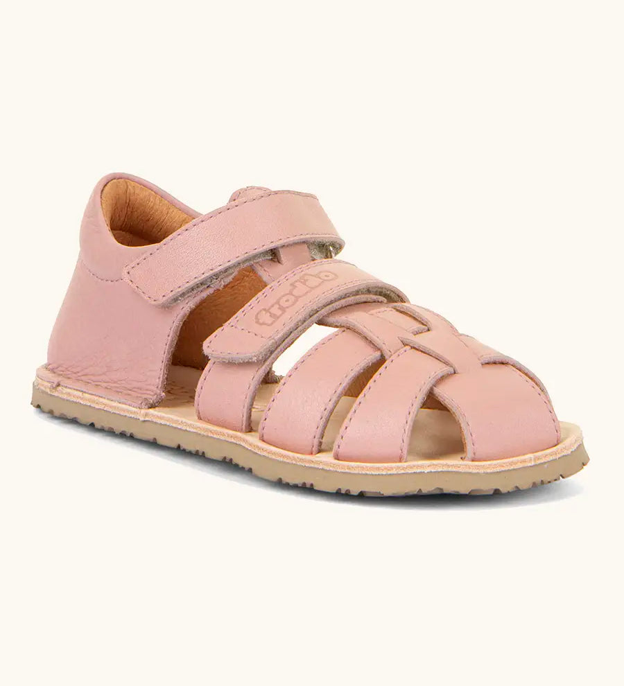 Froddo barefoot natural leather kids flexy sandals in pink with 2 front velcro straps, padded ankle support and back panel