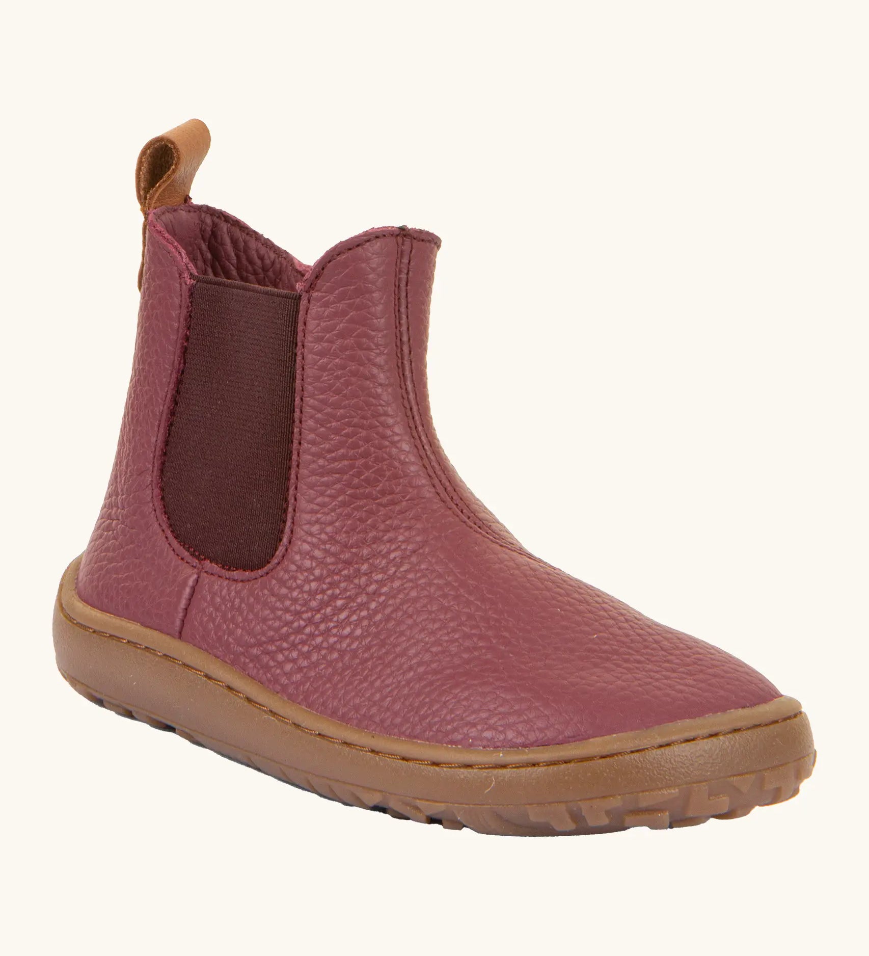 Froddo barefoot kids leather chelsea boots. A soft leather Chelsea boot in Bordeaux maroon with a brown rubber sole
