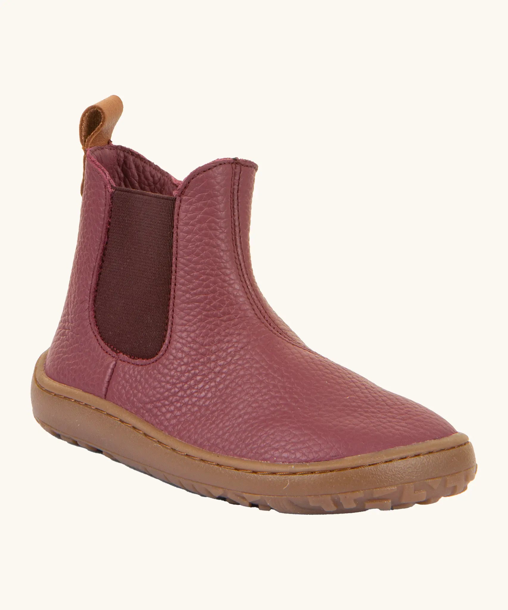Froddo barefoot kids leather chelsea boots. A soft leather Chelsea boot in Bordeaux maroon with a brown rubber sole