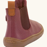 Back of Froddo barefoot kids leather chelsea boots in bordeaux maroon showing the pull tab detail 