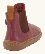 Back of Froddo barefoot kids leather chelsea boots in bordeaux maroon showing the pull tab detail 