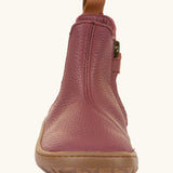 Froddo barefoot kids leather chelsea boots in Bordeaux maroon showing curved stitching detail running along the front of the boot