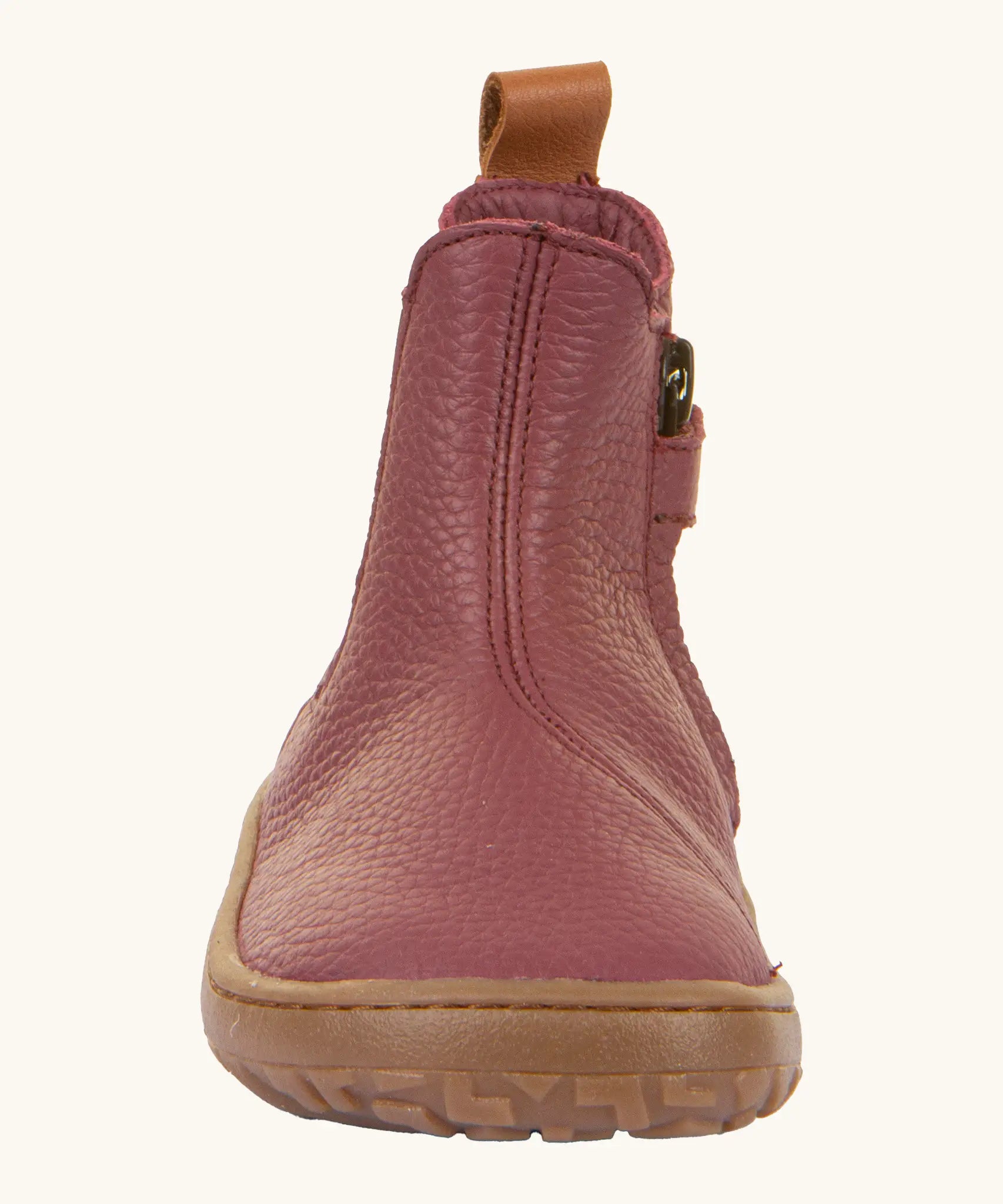 Froddo barefoot kids leather chelsea boots in Bordeaux maroon showing curved stitching detail running along the front of the boot