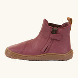 Side of the Froddo barefoot kids leather chelsea boots in Bordeaux maroon showing the zip fastener detail running down the boot 