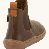 Back of Froddo barefoot kids leather chelsea boots in brown showing the pull tab detail 