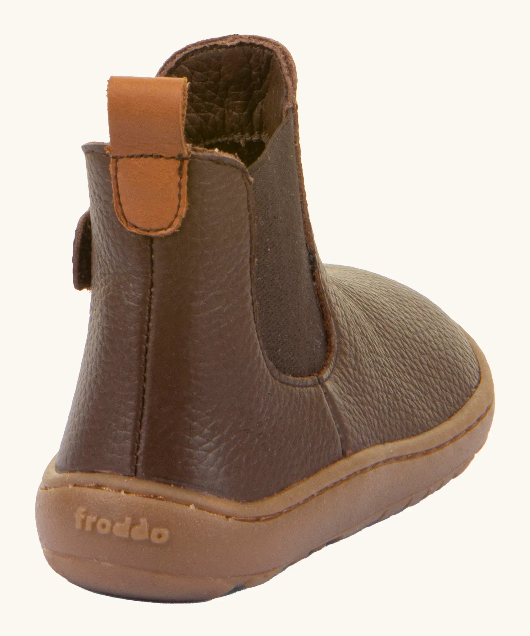 Back of Froddo barefoot kids leather chelsea boots in brown showing the pull tab detail 