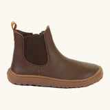 Side of Froddo barefoot kids leather chelsea boots in brown showing the side elastic and matching brown sole detail