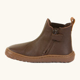 Side of the Froddo barefoot kids leather chelsea boots in brown showing the zip fastener detail running down the boot 