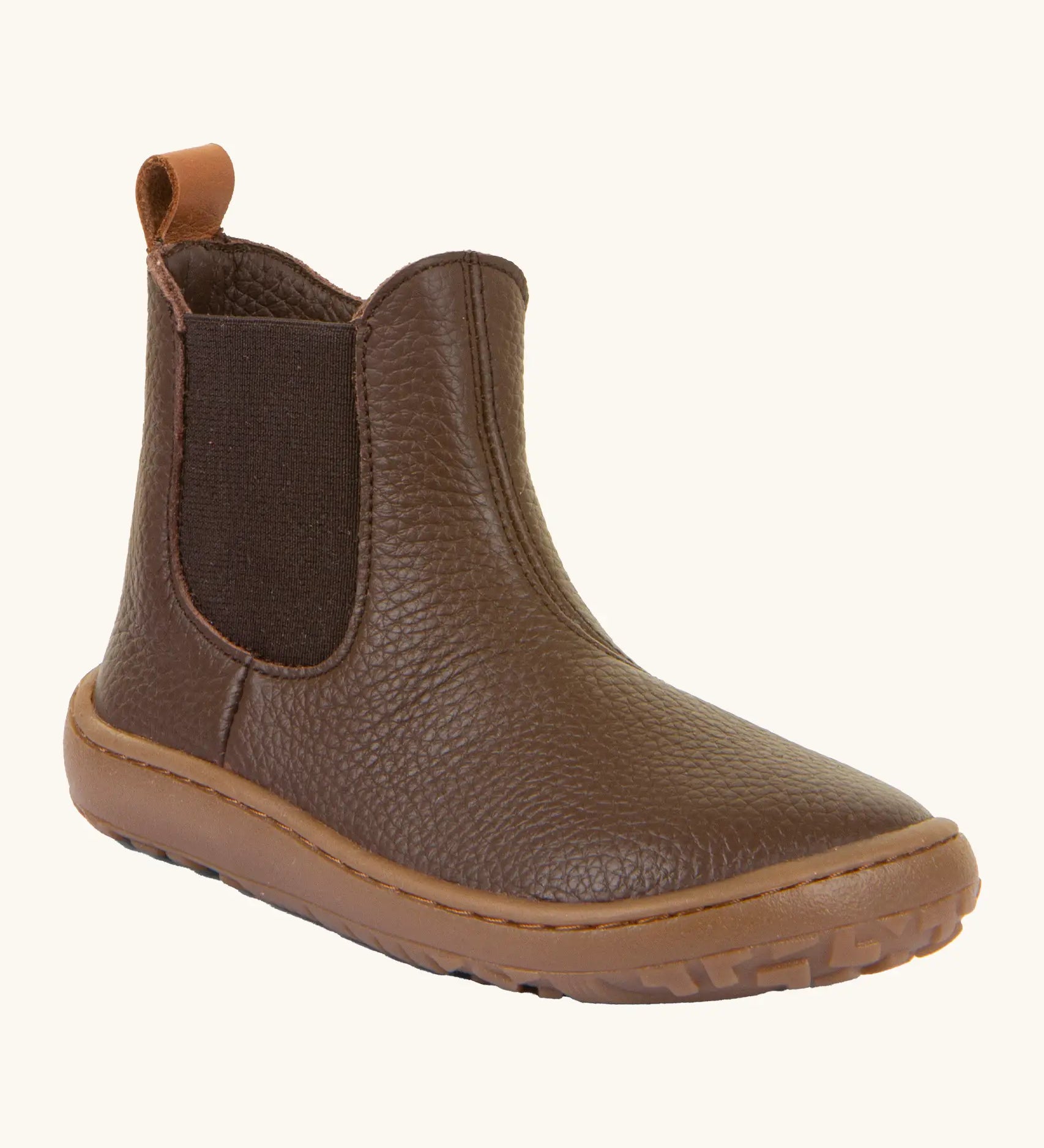 Froddo barefoot kids leather chelsea boots. A soft leather Chelsea boot in brown with a matching brown rubber sole