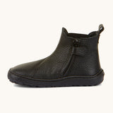 A side image of the Froddo barefoot kids leather school chelsea boots available at Babipur showing the zip fastener detail running down the boot 