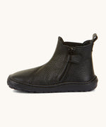 A side image of the Froddo barefoot kids leather school chelsea boots available at Babipur showing the zip fastener detail running down the boot 