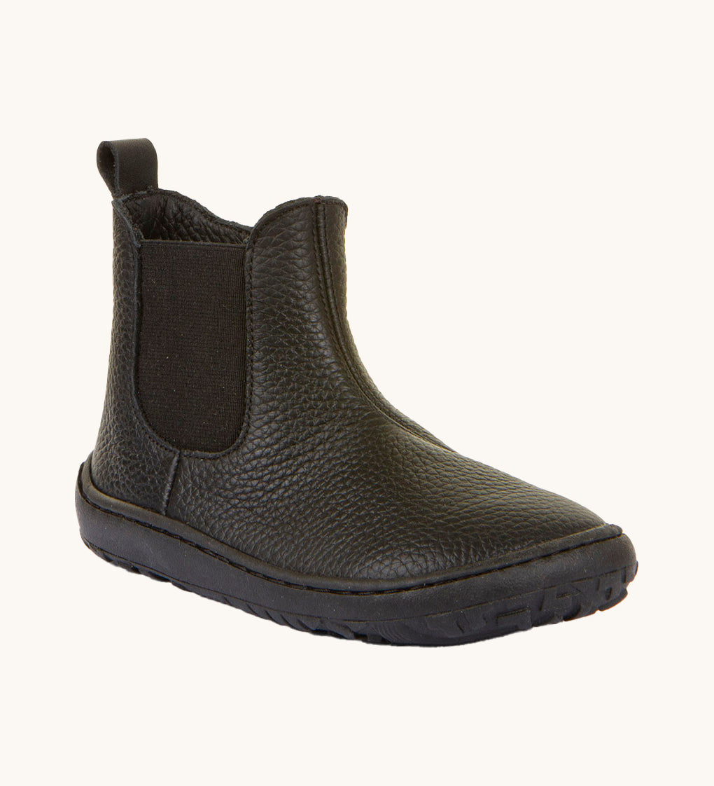 Froddo barefoot kids leather school chelsea boots available at Babipur. A soft leather Chelsea boot in black with a matching black rubber sole