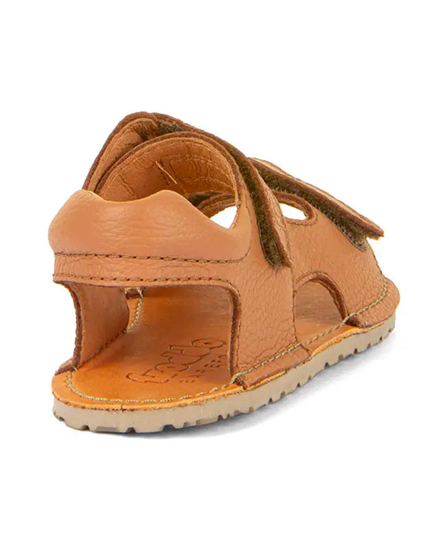 Froddo barefoot kids natural leather sandal in tan brown showing the  padded ankle support 