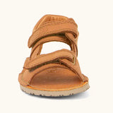 Front of Froddo barefoot kids natural leather sandal in tan brown with 2 velcro straps and grippy rubber sole