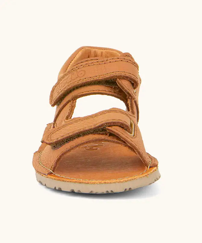 Front of Froddo barefoot kids natural leather sandal in tan brown with 2 velcro straps and grippy rubber sole