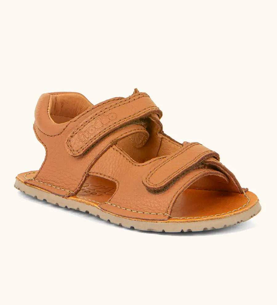 Froddo barefoot kids natural leather sandal in tan brown with 2 velcro straps and padded ankle support 