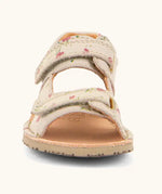 Front of Froddo barefoot kids natural leather sandal in pink with flowers showing 2 front velcro straps and rubber sole