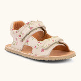 Froddo barefoot kids natural leather sandal in pink with flowers. Showing 2 front velcro straps and padded ankle support 