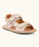 Froddo barefoot kids natural leather sandal in pink with flowers. Showing 2 front velcro straps and padded ankle support 