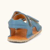 Back of Froddo barefoot kids natural leather sandal in light blue showing the  padded ankle support 